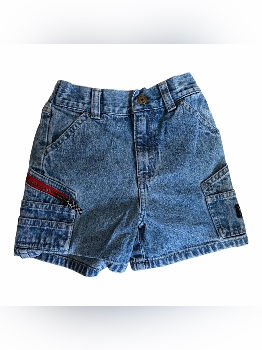 Vintage Wrangler Denim 3t Kids' Cargo Shorts Red Zip and checkered flag